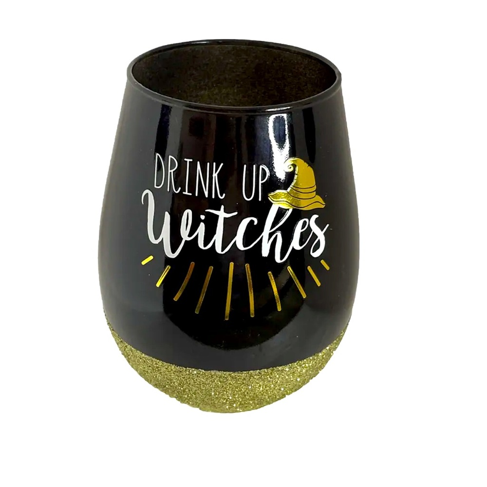 Drink Up Witches 30oz Stemless Wine Glass /Halloween Black And Gold Glass